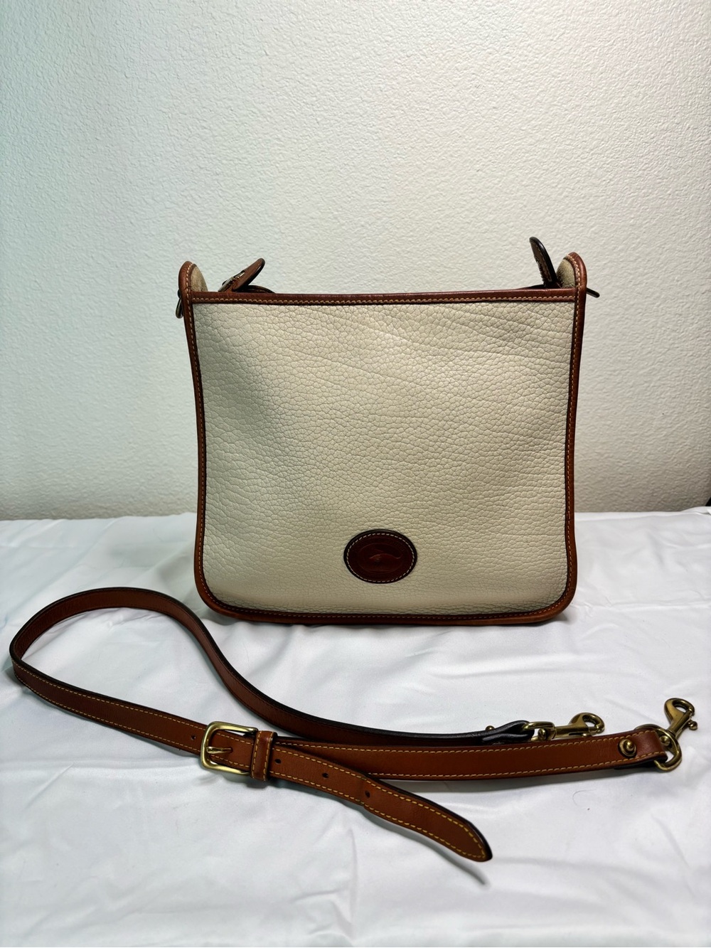 Vintage Dooney & Bourke Suede Interior Cream and Brown Pebble Leather Crossbody